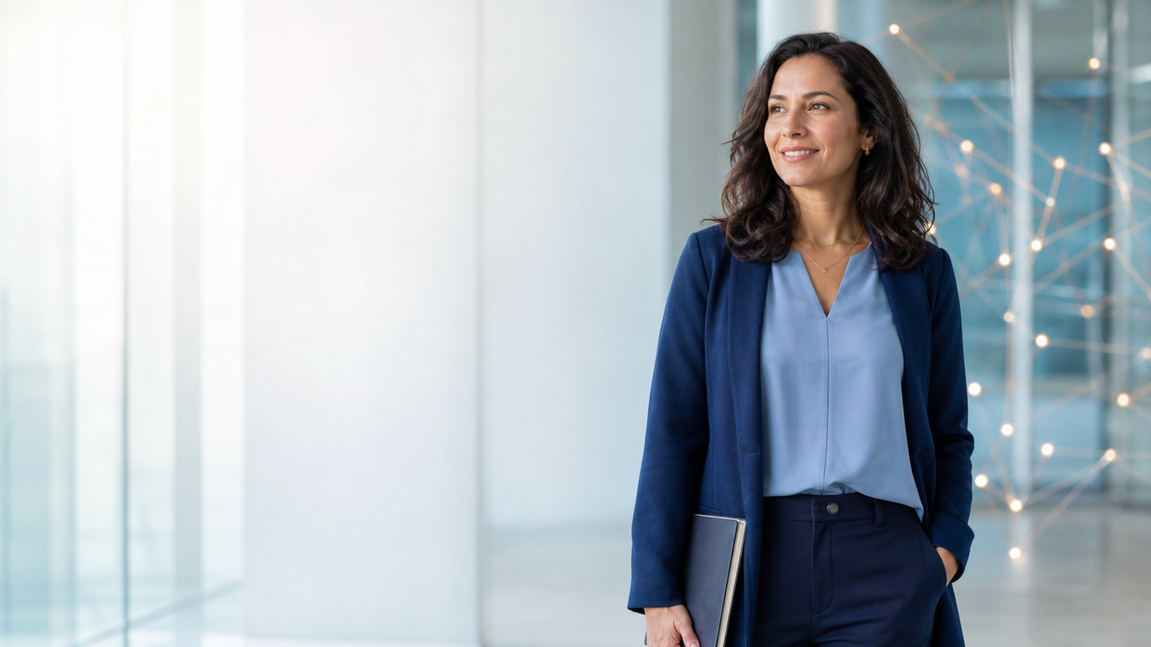 A confident AI professional in a collaborative, technology-enabled environment